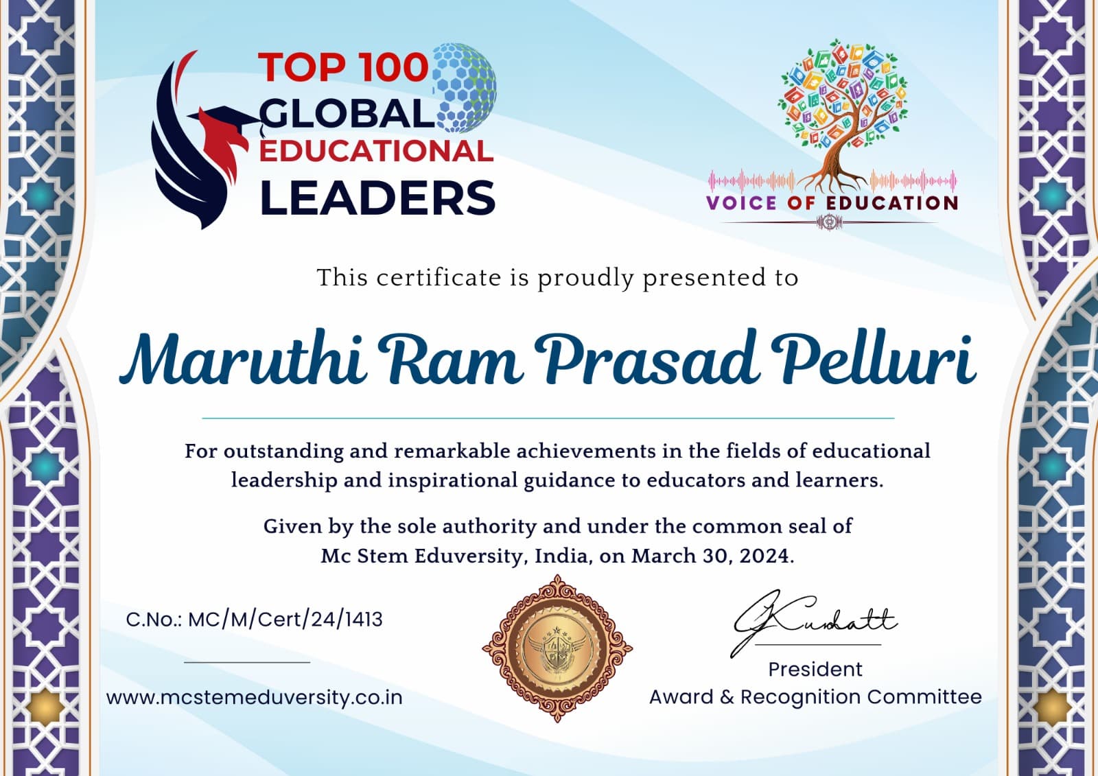 Top 100 Global Educational Leaders — Maruthi Ram Prasad Pelluri